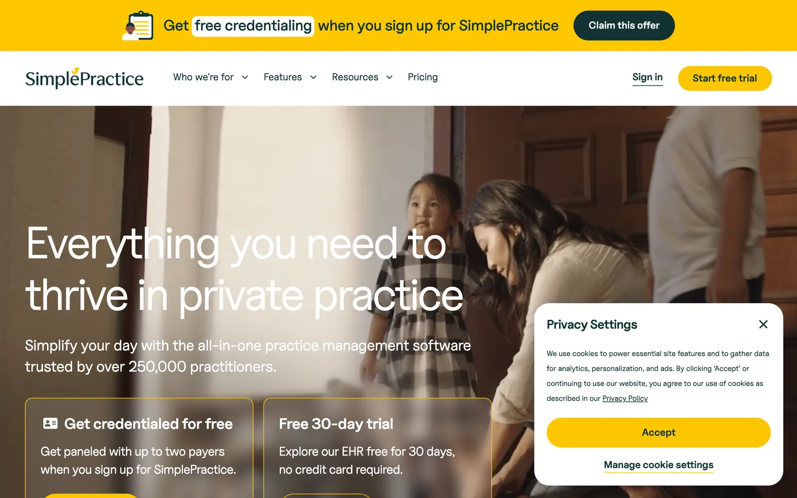 SimplePractice marketing homepage, May 2026