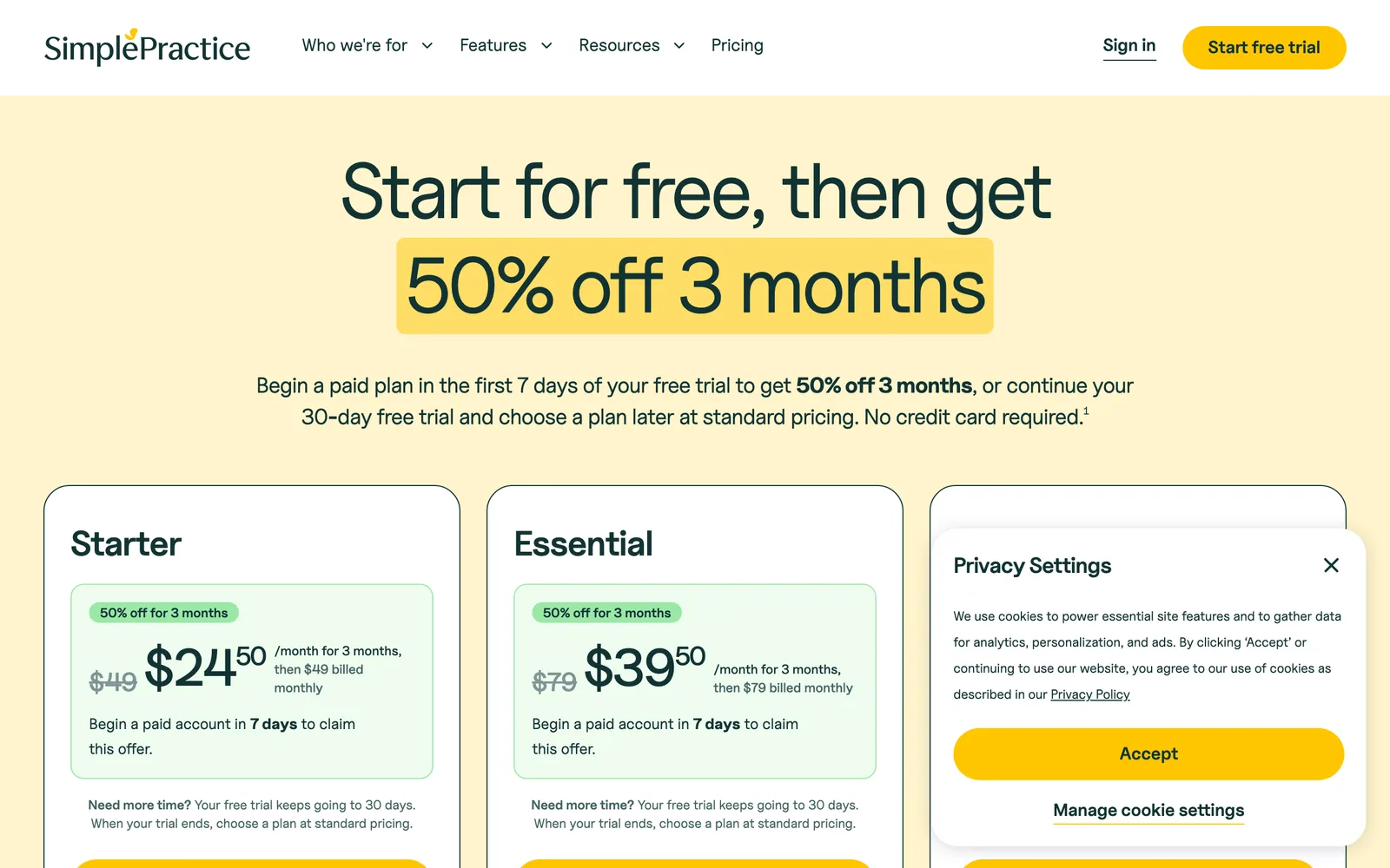 SimplePractice pricing page captured May 2026